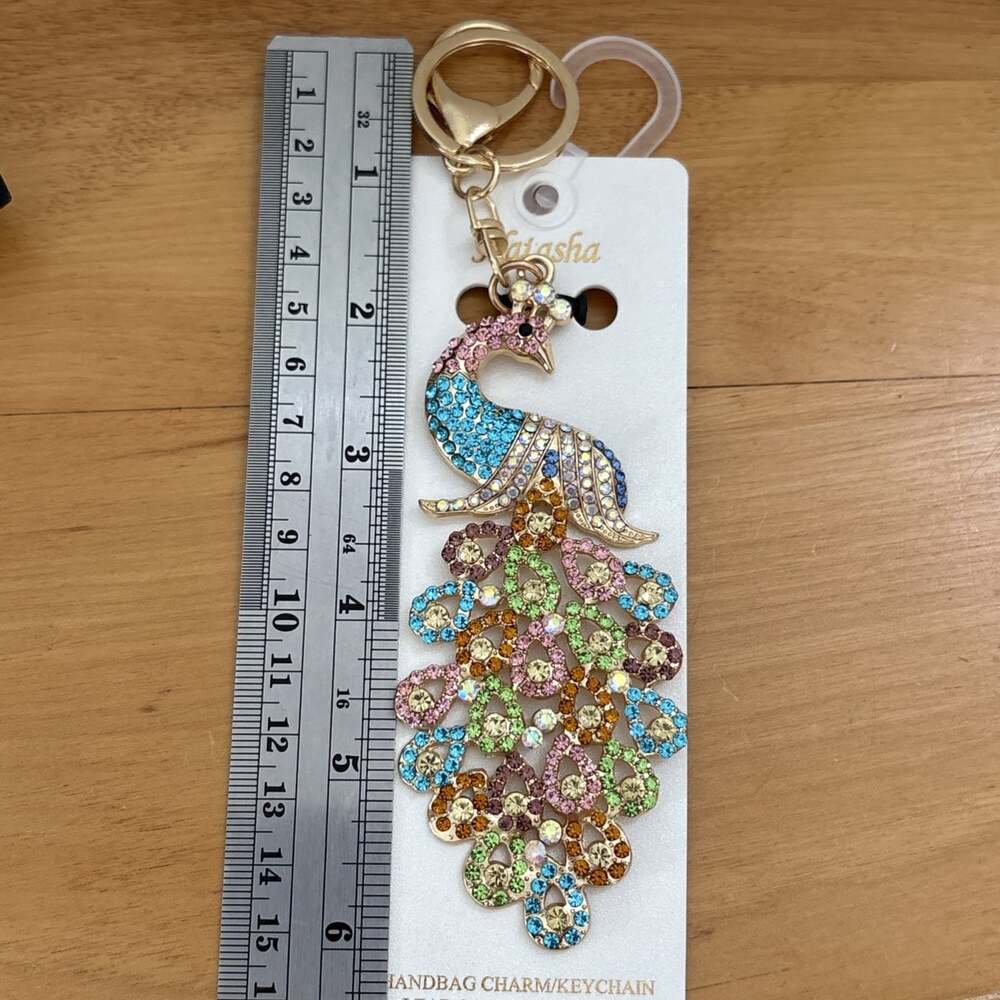 Natasha Rhinestone Peacock Bag Charm Keychain Brand New Bling Gold Rainbow - Picture 8 of 8